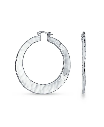 Bling Jewelry Large Fashion Flat Hammer Finish Statement Hoop Earrings Silver Plated 2 Inch