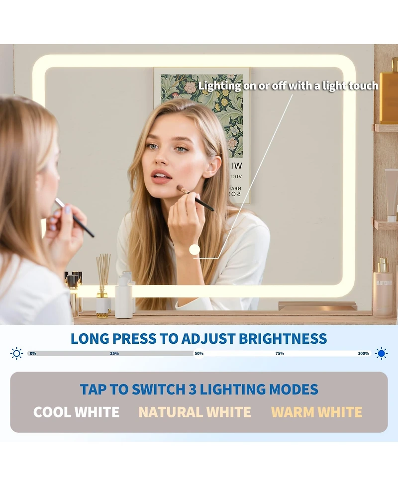 gaomon 31" Mid-Century Modern Makeup Vanity Desk with Lighted Mirror, 2 Drawers and Cabinet