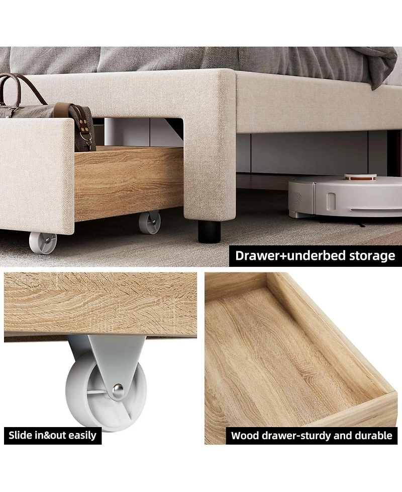 gaomon Full Bed Frame with Storage Drawer Upholstered Platform Storage Headboard Charging Station Wood Slats White