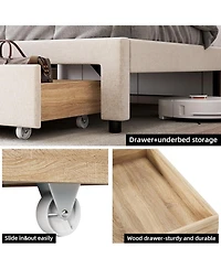 gaomon Full Bed Frame with Storage Drawer Upholstered Platform Storage Headboard Charging Station Wood Slats White