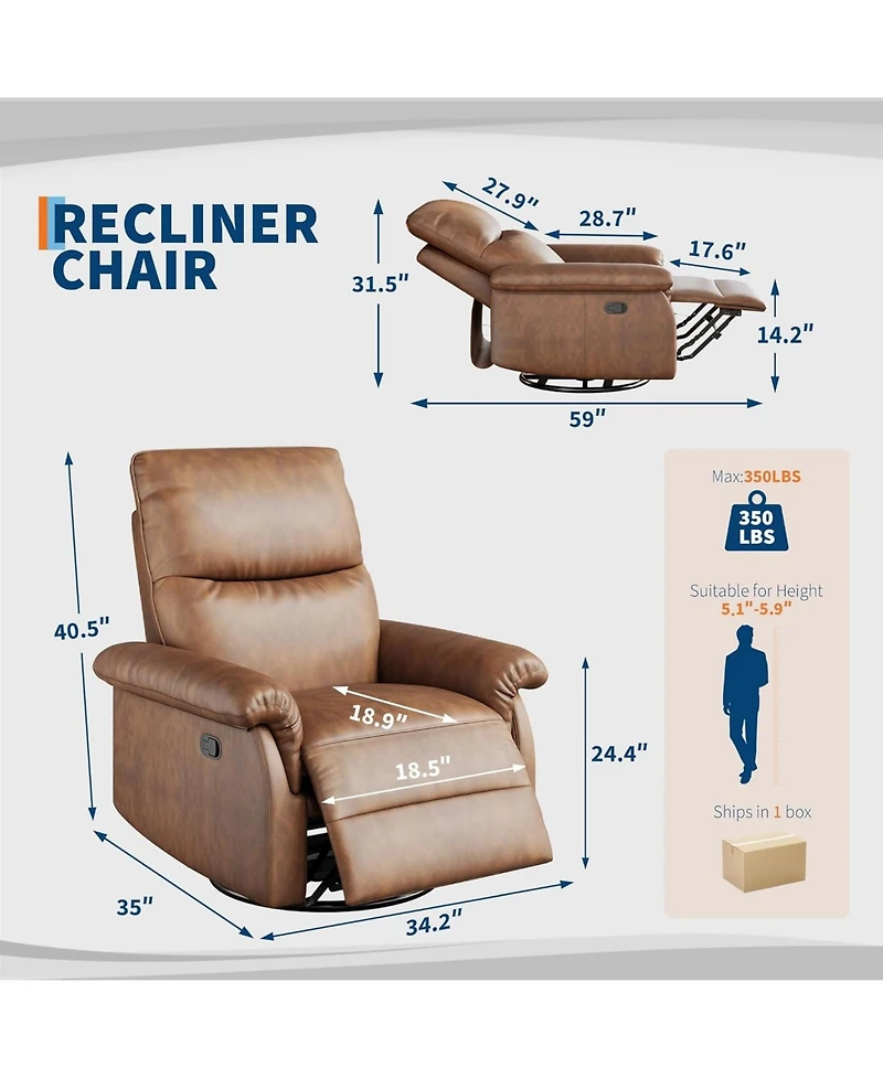gaomon Recliner Chair, 360° Swivel Rocker Glider, Padded Armrest, Deep Seat, Pu Leather, Living Room.