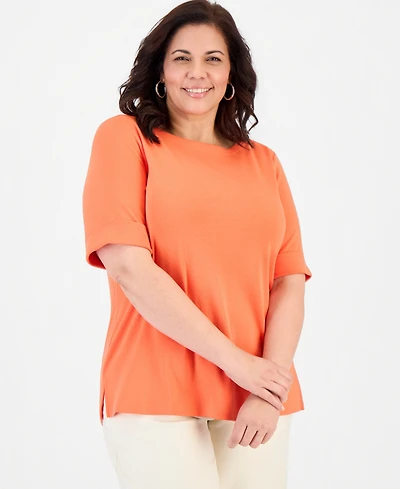 Style & Co Women's Boat-Neck Elbow Sleeve Cotton Top, Xs-4X, Created for Macy's