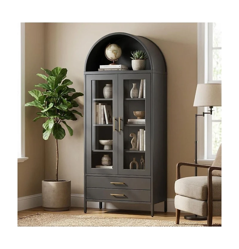 gaomon 55" Tall Kitchen Pantry Cabinet, Arched Display with Glass Doors, 2 Drawers & Adjustable Shelves for Living, Dining Room
