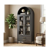 gaomon 55" Tall Kitchen Pantry Cabinet, Arched Display with Glass Doors, 2 Drawers & Adjustable Shelves for Living, Dining Room