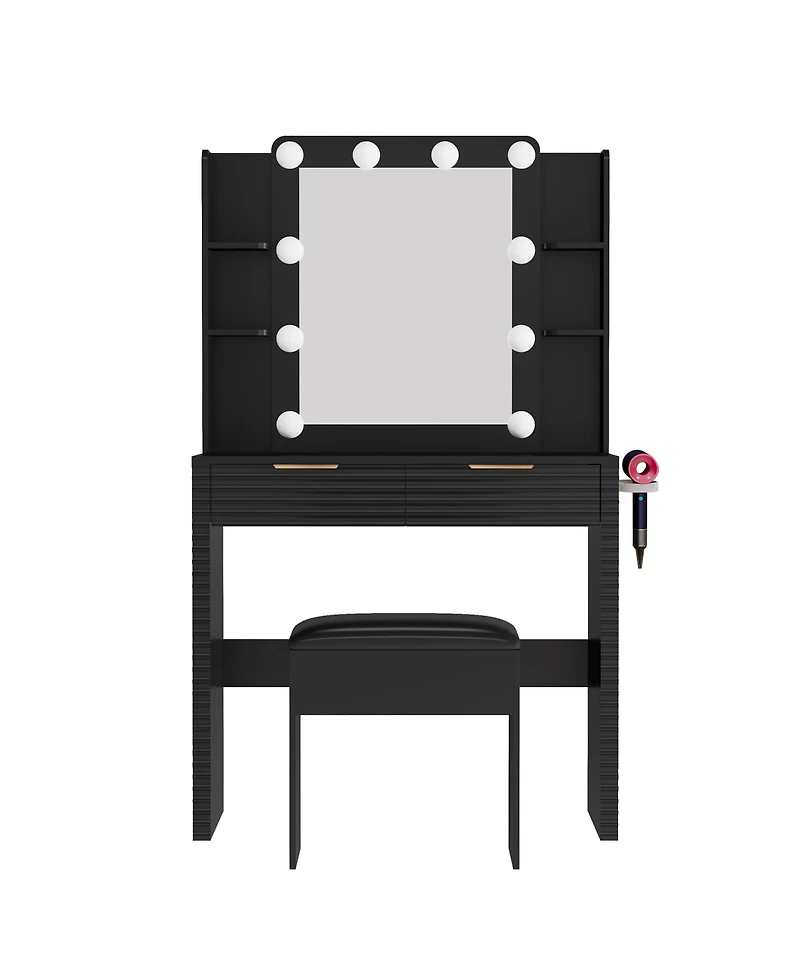 Rainsken Mirror With 10 Led Bulbs Fluted Front Feature Makeup Vanity Desk Set