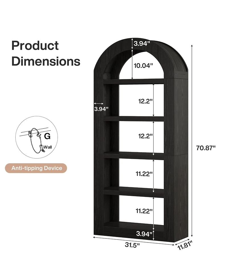 Tribesigns 70.9'' Tall Arched Bookshelf with Storage, 5-Tier Wooden Open Bookcase Display Shelves Organizer
