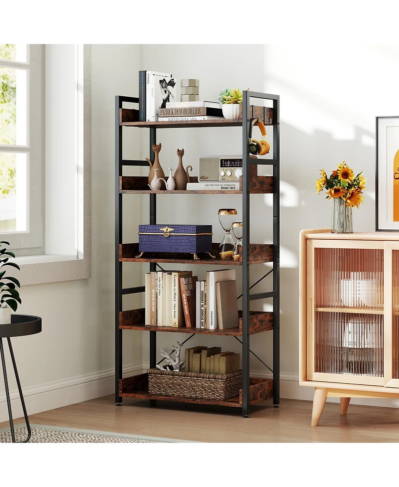 Slickblue 5-Tier Bookshelf with 4 Hooks Industrial Storage Bookcase.