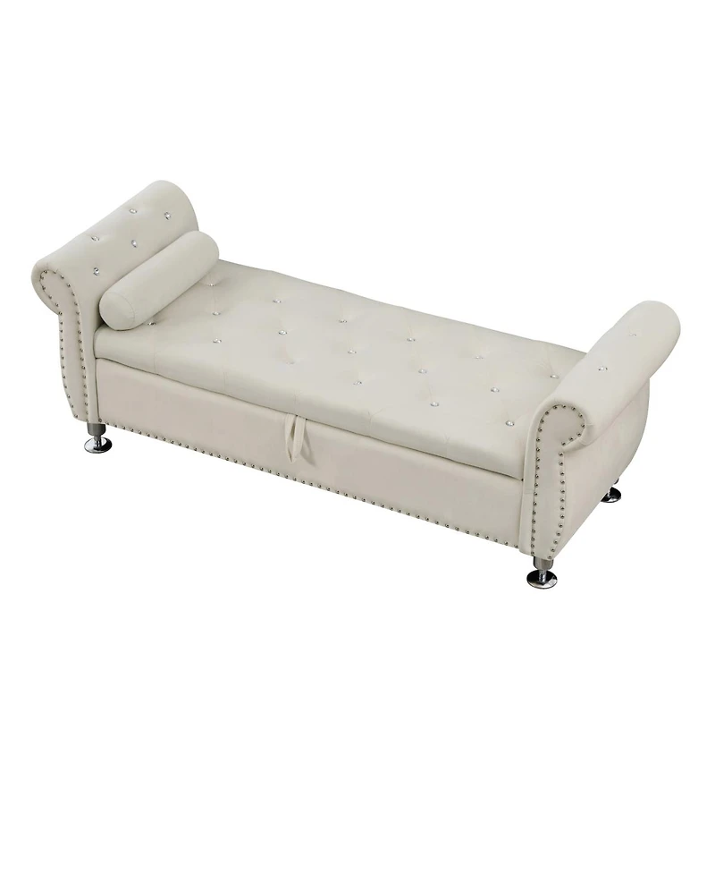 Streamdale Furniture Soft Velvet Storage Bench with Crystal Buttons and Pillow