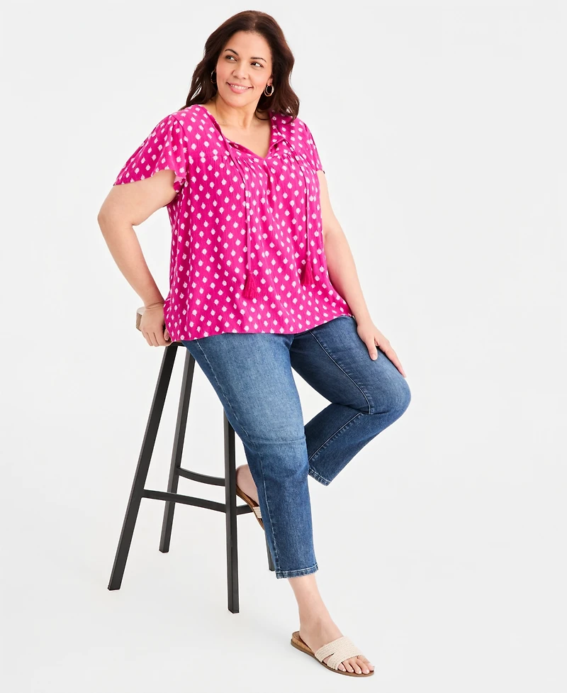 Style & Co Plus Printed Split-Neck Flutter-Sleeve Blouse, Macy's Exclusive