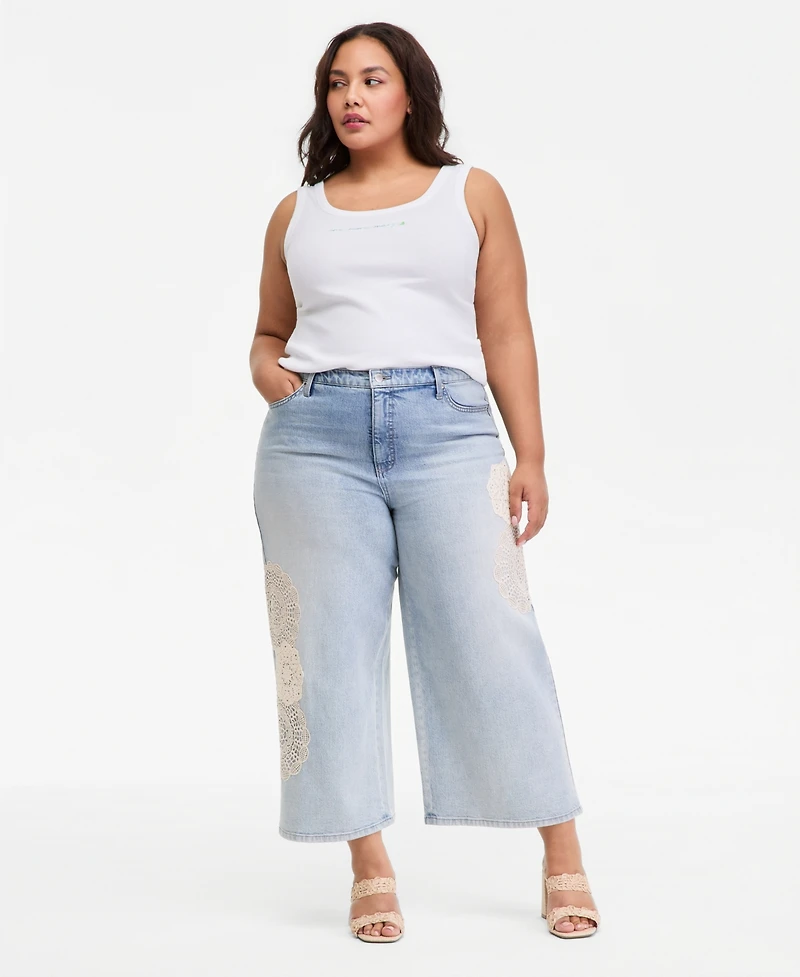 On 34th Trendy Plus Wide-Leg Doily-Accent Jeans