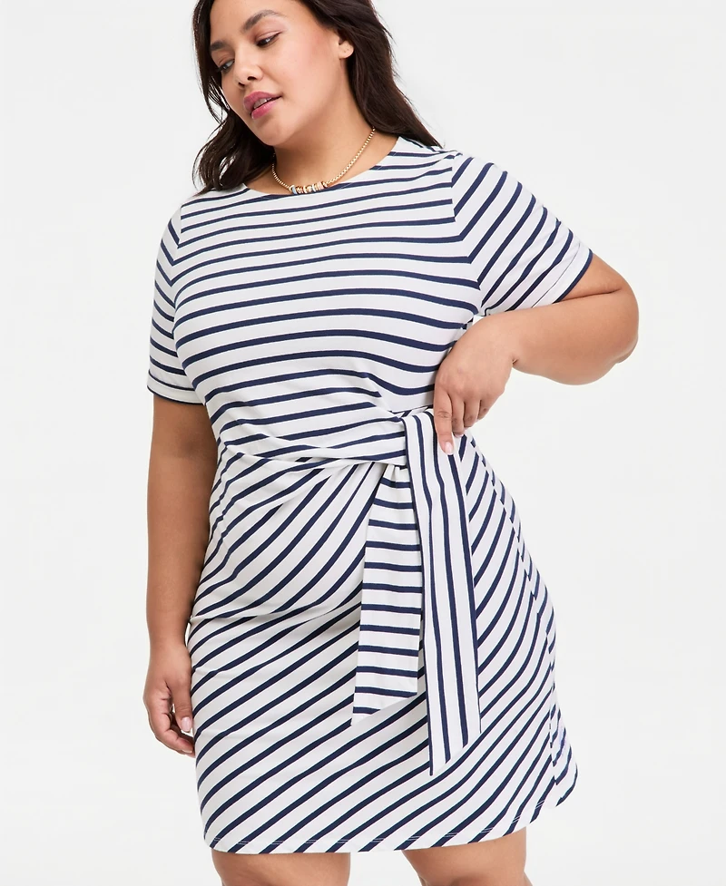 On 34th Trendy Plus Size Striped Tie-Side Mini Dress, Macy's Exclusive