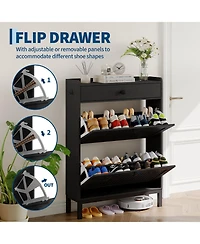 Homfan Shoe Storage Cabinet with 2 Flip Drawer, Shoes Organizer Top Drawer，Hollow Out Panel And Square Handles