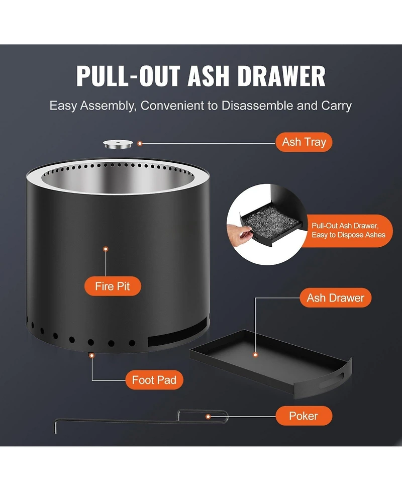 Ecooso 15 Inch Smokeless Wood Burning Fire Pit with Removable Ash Pan, Stainless Steel