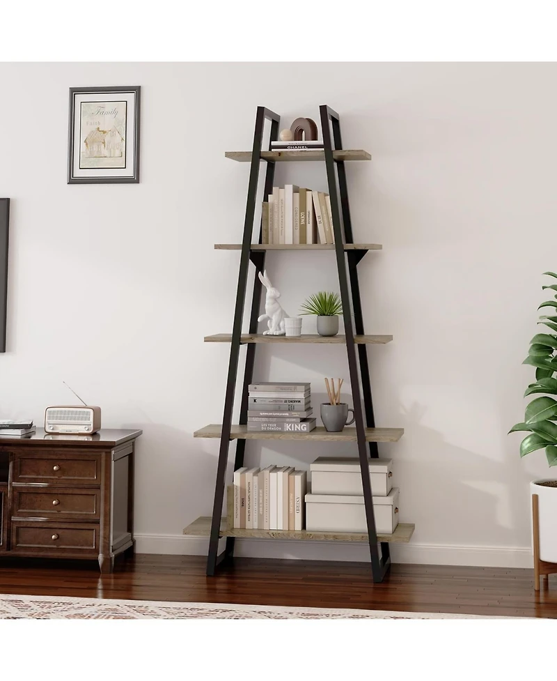 gaomon 72" A-Shape Ladder Bookcase, 5-Tier Metal Frame Shelf with Adjustable Wood Shelves