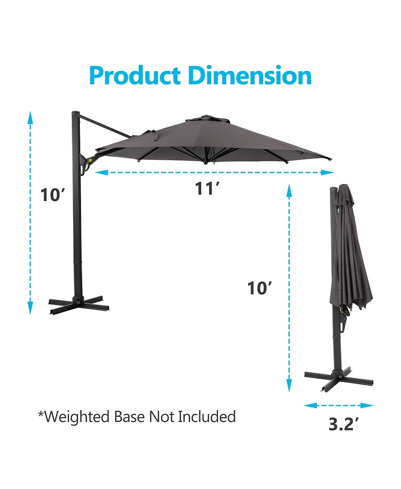 Mondawe 11 Ft Cantilever Patio Umbrella with 360° Rotation & Tilt (No Base)
