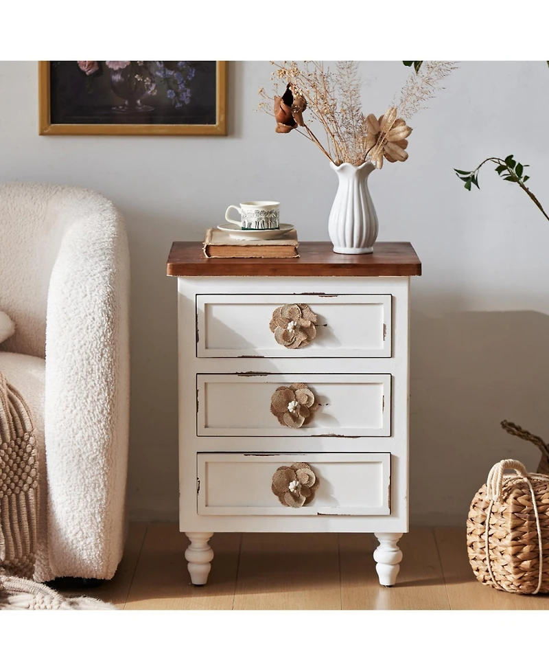 Streamdale Furniture Vintage Farmhouse End Table - Rustic Nightstand, 3 Drawers, Distressed