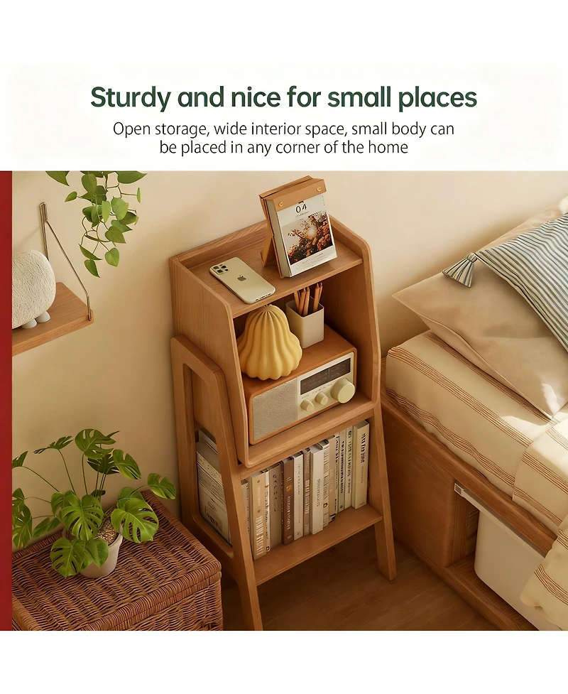 Solid Oak Ladder Shelf Nightstand 32.67" Tall Small Bookcase Bedroom Living Room Nursery Natural Fully Assembled