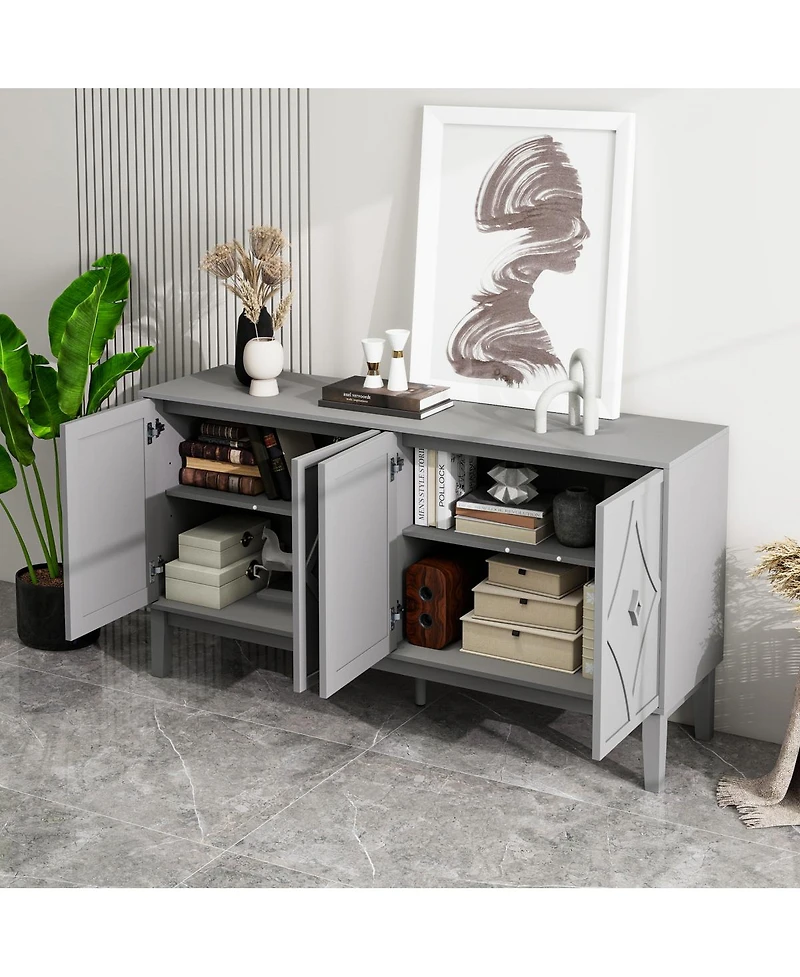 Streamdale Furniture Vintage 4-door cabinet with hand-carved geometric doors and adjustable shelves