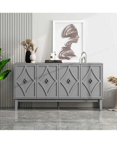 Streamdale Furniture Vintage 4-door cabinet with hand-carved geometric doors and adjustable shelves