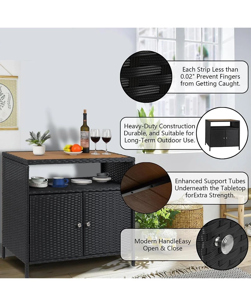 gaomon Patio Outdoor Wicker Storage Cabinet with Shelf,Powder Coated Steel,Patio Bar Table 2-Door and Shelf,All Weather Resin