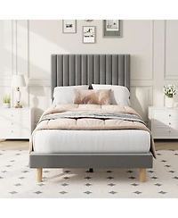 gaomon Twin Size Velvet Platform Bed Frame with Vertical Channel Tufted Adjustable Headboard, Wooden Slats Support
