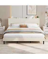 gaomon Bed Frame with Charging Station, Corduroy Upholstered Platform Bed with Headboard Shelf, Wooden Slats, Noise Free