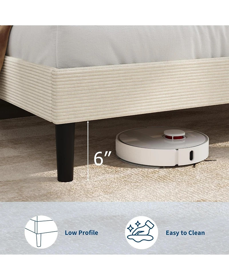 gaomon Bed Frame with Charging Station, Corduroy Upholstered Platform Bed with Headboard Shelf, Wooden Slats, Noise Free