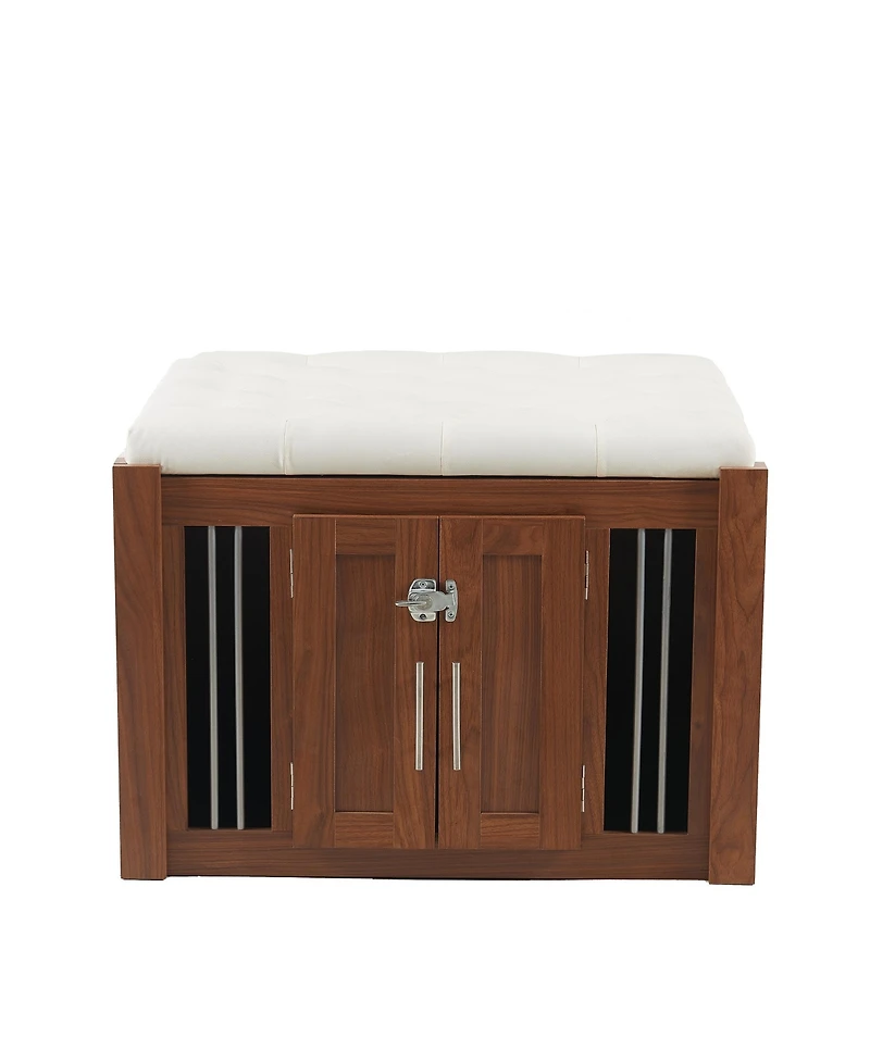 Aostirmotor Walnut Luxury Dog Crate Side Table with Storage Ottoman and Removable Cushion