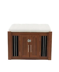 Aostirmotor Walnut Luxury Dog Crate Side Table with Storage Ottoman and Removable Cushion