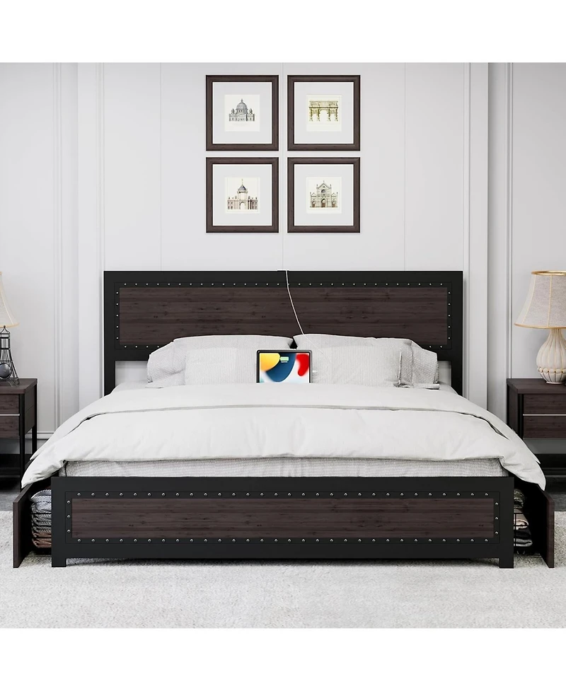 gaomon Metal Platform Bed Frame with Headboard, 4 Storage Drawers & Charging Station, Strong Slat Support