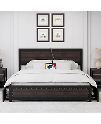 gaomon Metal Platform Bed Frame with Headboard, 4 Storage Drawers & Charging Station, Strong Slat Support