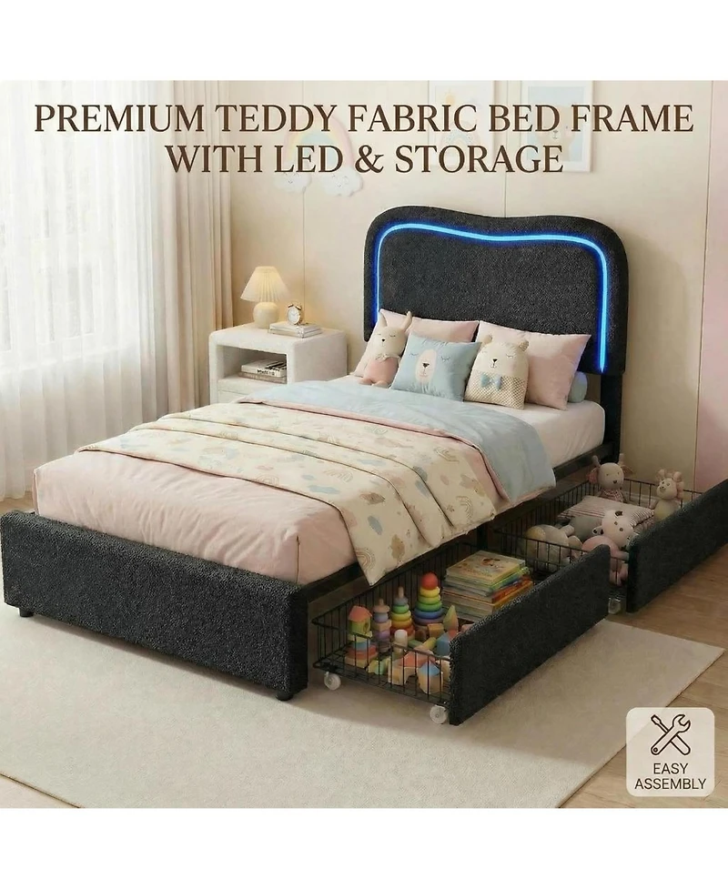 gaomon Queen Boucle Bed Frame with 2 Storage Drawers, Led Headboard, Upholstered Platform