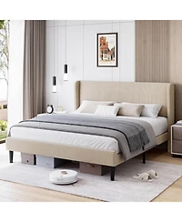 gaomon Velvet Upholstered Bed Frame Wingback Headboard Platform Wood Slats Optional Box Spring