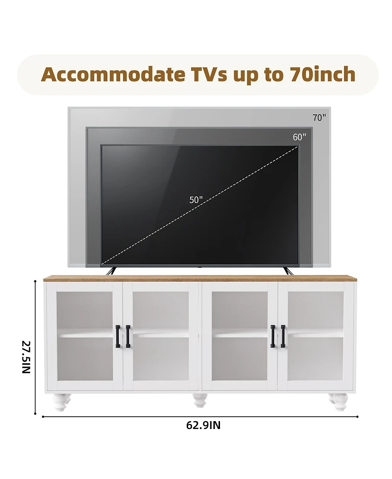 Farmhouse Storage Cabinet Tv Stand with Tempered Glass Doors And Adjustable Shelves