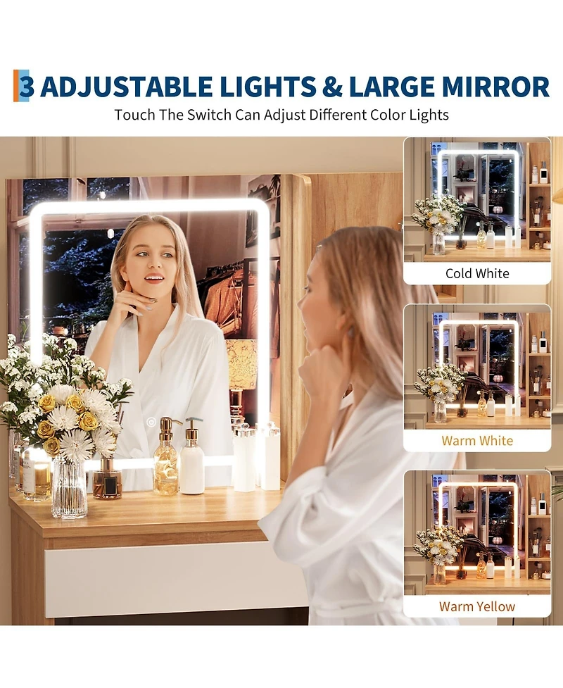 gaomon Makeup Vanity Desk Set with 3-Color Lighted Mirror, 4 Drawers