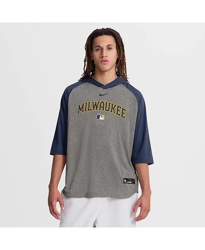 Nike Men's Navy Milwaukee Brewers Authentic Collection Flux Dri-fit Raglan 3/4-Sleeve Hooded T-Shirt
