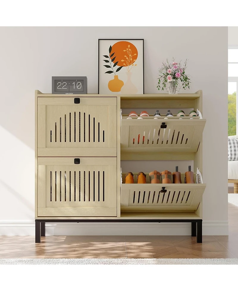 gaomon Shoe Storage Cabinet with 4 Hollow-Panel Flip Drawers and Black Square Handles