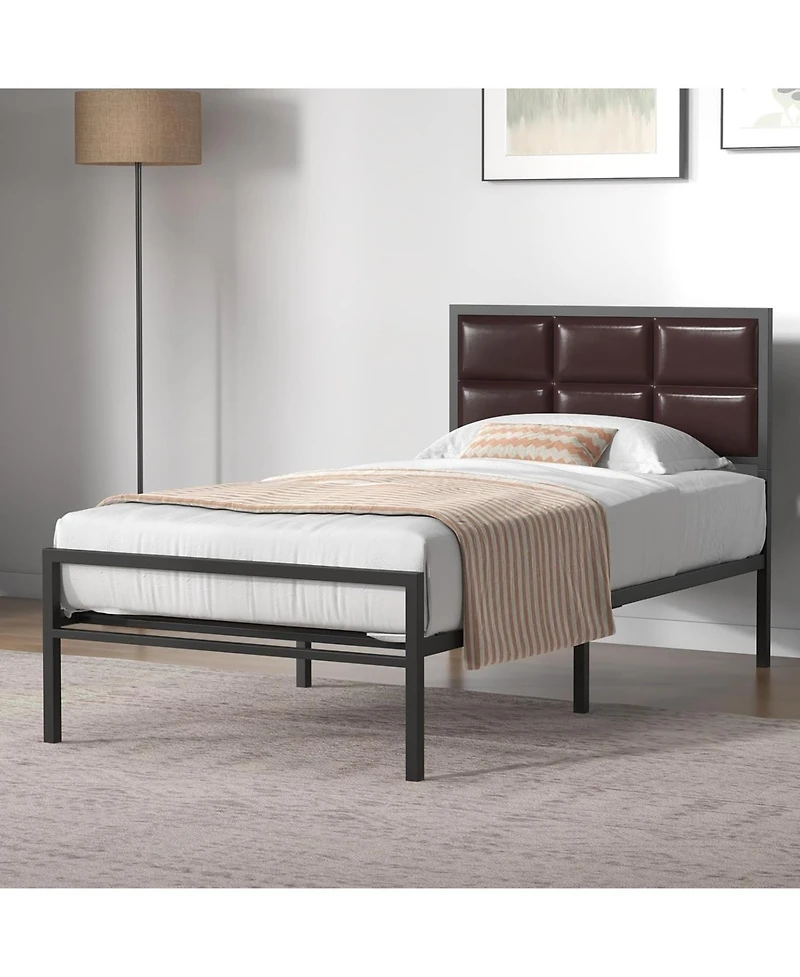 gaomon Full Upholstered Platform Bed Faux Leather Headboard Steel Slats