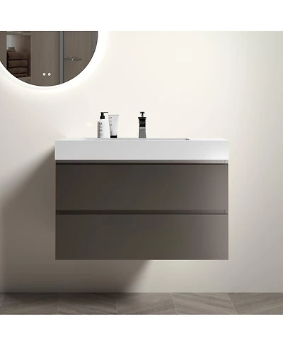 Sillysis 36" Gray Floating Bathroom Vanity with Double Soft Close Drawers, Handle-Free Design & Large Storage for Modern Bathrooms