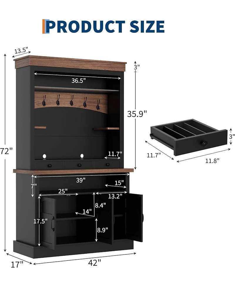 gaomon Coffee Bar Cabinet with Led Light, 72 Tall Farmhouse Hutch Storage, Sideboard Buffet Microwave Stand