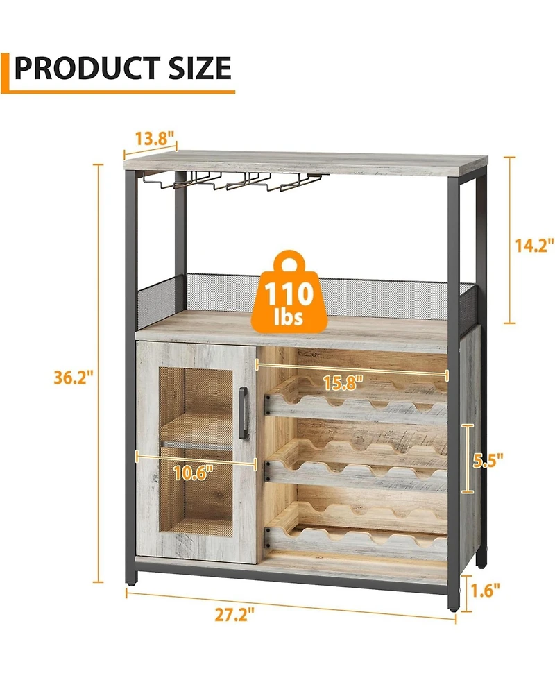 Wooden Wine Bar Cabinet with Led Light, Adjustable Shelves, Glass Holders & Mesh Door, Compact Sideboard