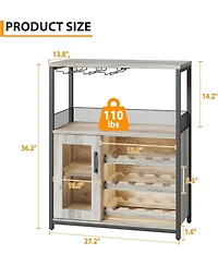 Wooden Wine Bar Cabinet with Led Light, Adjustable Shelves, Glass Holders & Mesh Door, Compact Sideboard