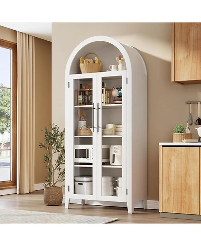 gaomon Arched Pantry Storage Cabinet, Farmhouse 5-Tier Display with 2 Glass Doors, Adjustable Shelf, Cupboard for Kitchen
