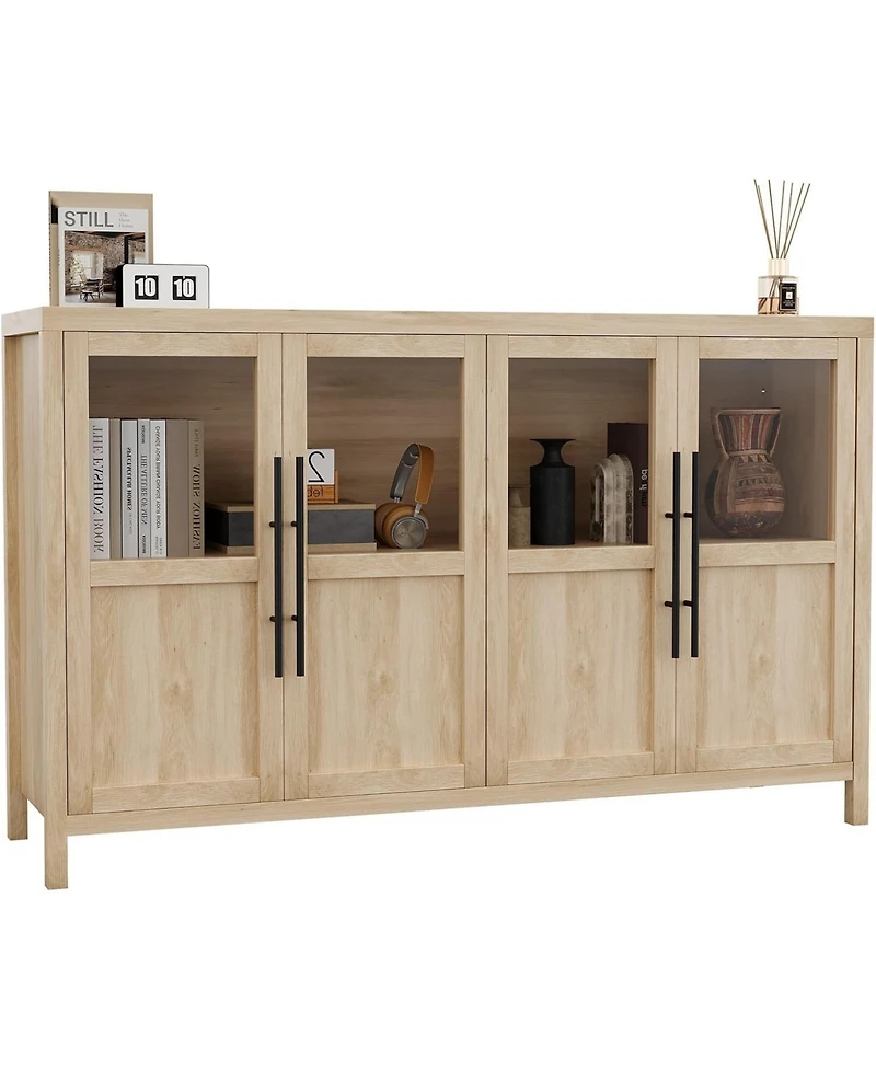 gaomon 55 Inch Sideboard Buffet Cabinet with Four Glass Doors Large Modern Farmhouse Storage for Kitchen Dining and Living Room Natural