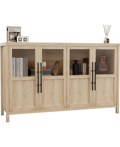 gaomon 55 Inch Sideboard Buffet Cabinet with Four Glass Doors Large Modern Farmhouse Storage for Kitchen Dining and Living Room Natural