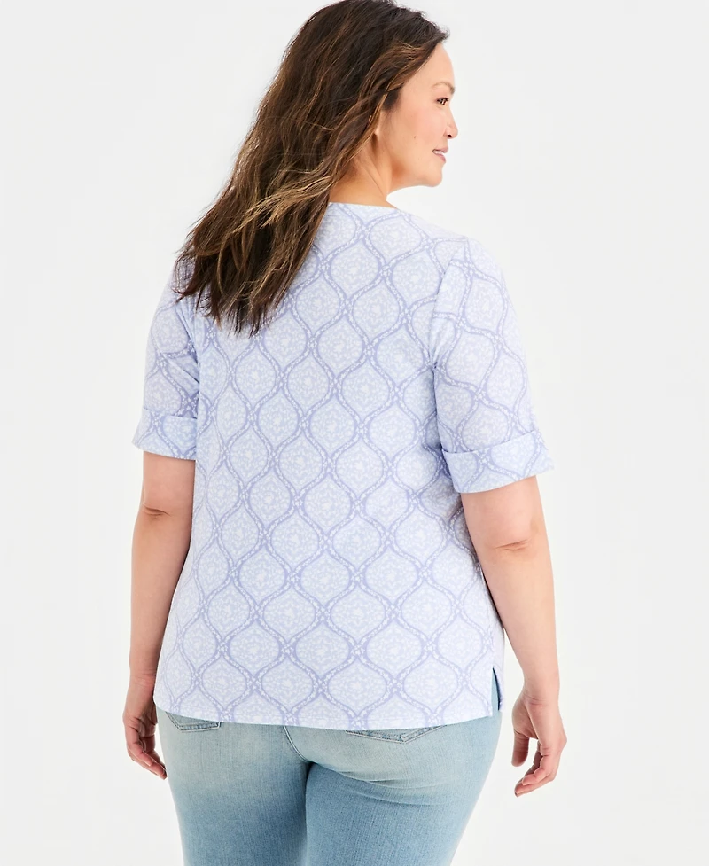 Style & Co Plus Printed Boat-Neck Elbow-Sleeve Top, Macy's Exclusive