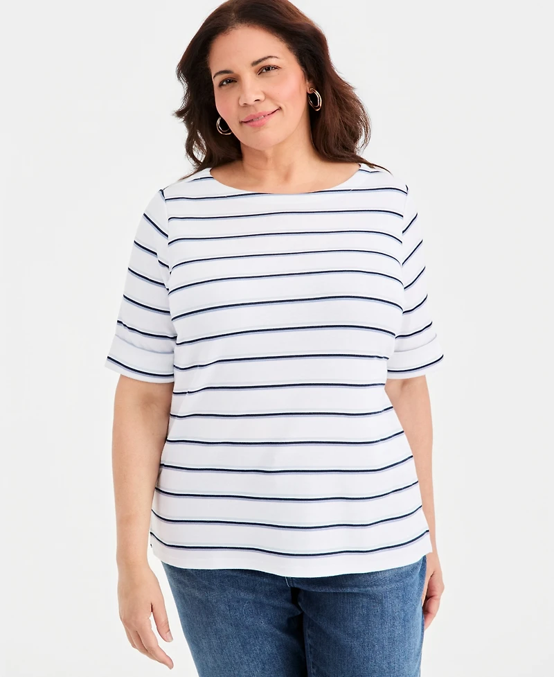 Style & Co Plus Striped Elbow-Sleeve Top, Macy's Exclusive