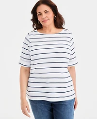 Style & Co Plus Striped Elbow-Sleeve Top, Macy's Exclusive