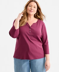 Style & Co Plus 3/4-Sleeve Cotton Henley Top, Exclusively at Macy's