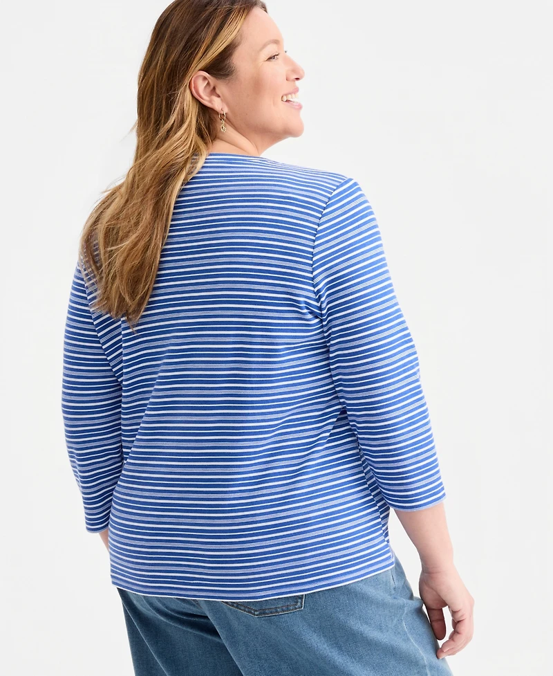 Style & Co Plus Ink Stripes 3/4-Sleeve Henley Top, Macy's Exclusive